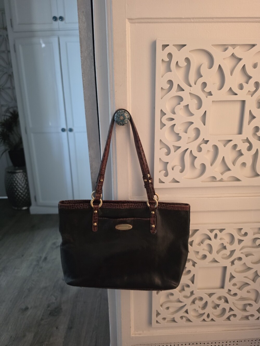 Brahmin Black Leather Tote with Brown Croc-Trim and Gold Hardware